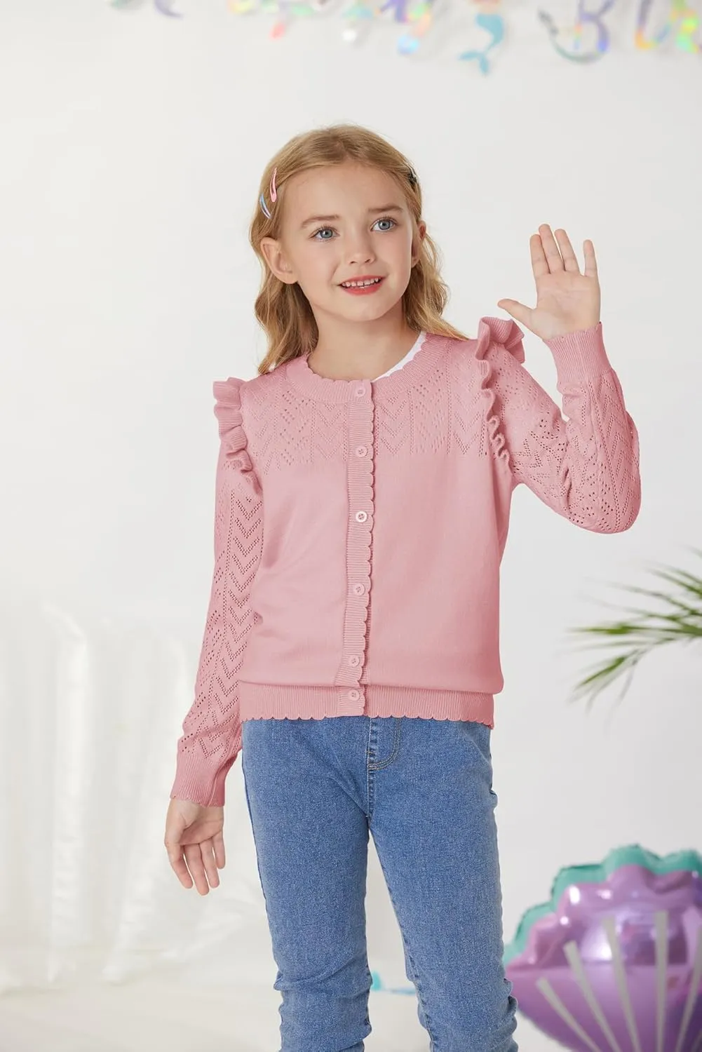 GRACE KARIN Girls Cardigan Cable Knit Sweater Long Sleeve Open Front Button Light Weight Solid Crochet Shrug 5-12