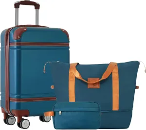 Hardshell Luggage Set with Carry-on Suitcase, Travel Duffel Bag, and Toiletry Bag, Double Spinner Wheels, Blue