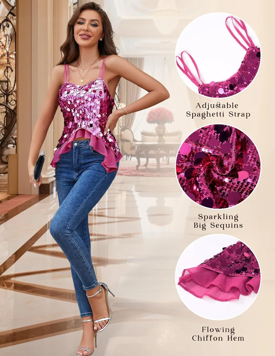 HomRain Sequin Tops for Women 2025 Sparkly Tank Tops Sexy V Neck Club Party Shining Top