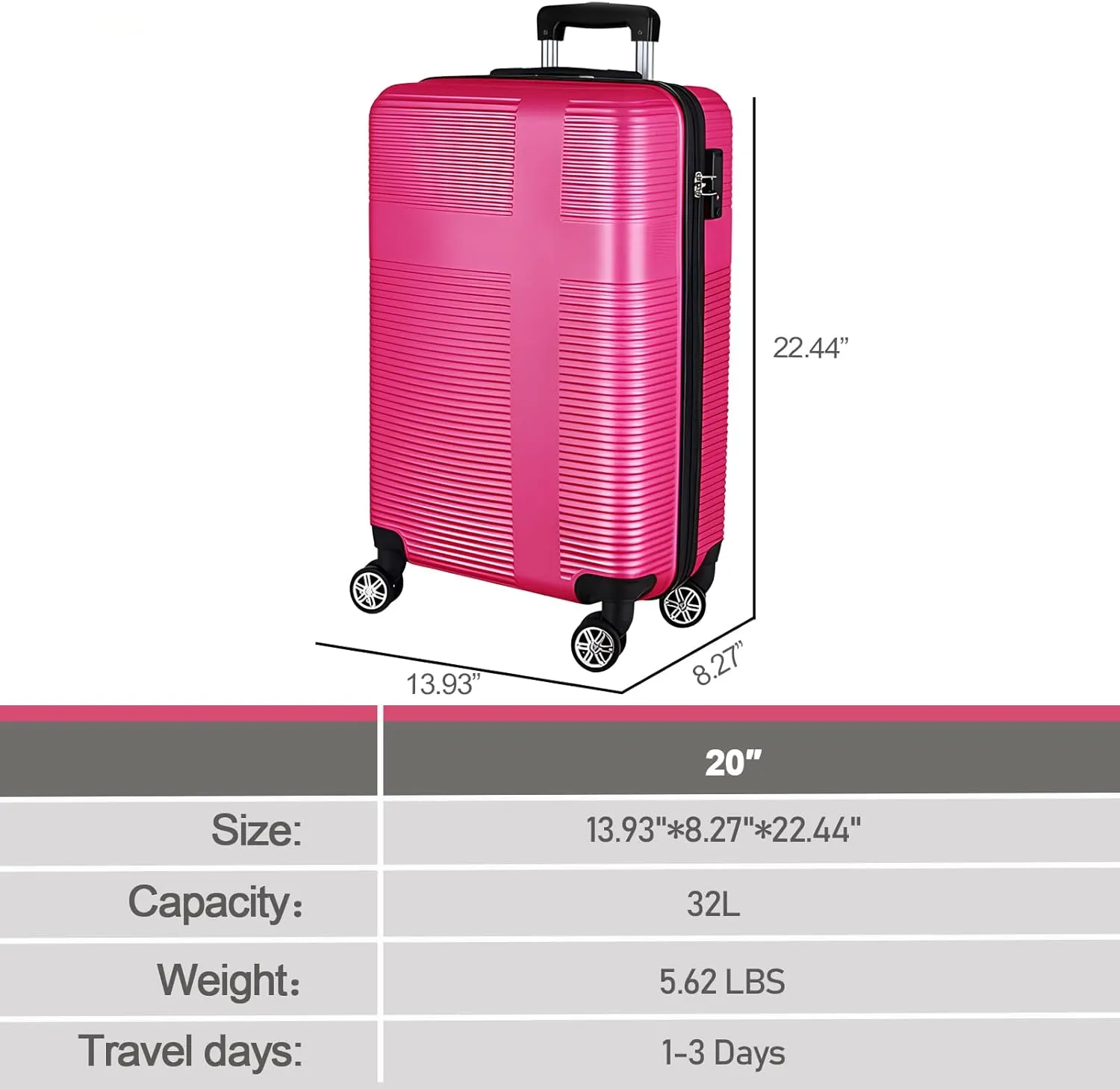 HOUAGI 20 Inch Carry On Luggage with Spinner Wheels,Lightweight Hard Shell Suitcase,Rose Red