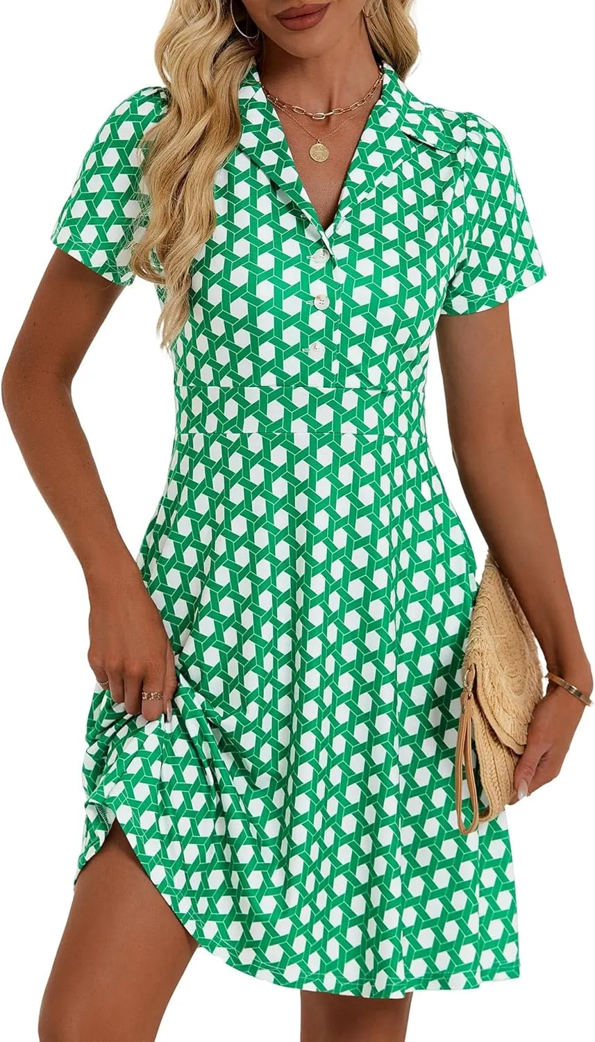 HUHOT Shirt Neckline Summer Dresses with Pocketes Vintage Sundress for Women 2025 Work Dress Church Midi Spring Dress