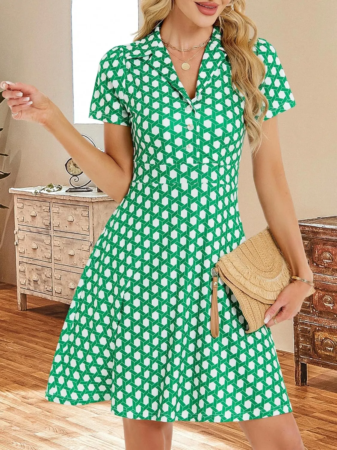 HUHOT Shirt Neckline Summer Dresses with Pocketes Vintage Sundress for Women 2025 Work Dress Church Midi Spring Dress