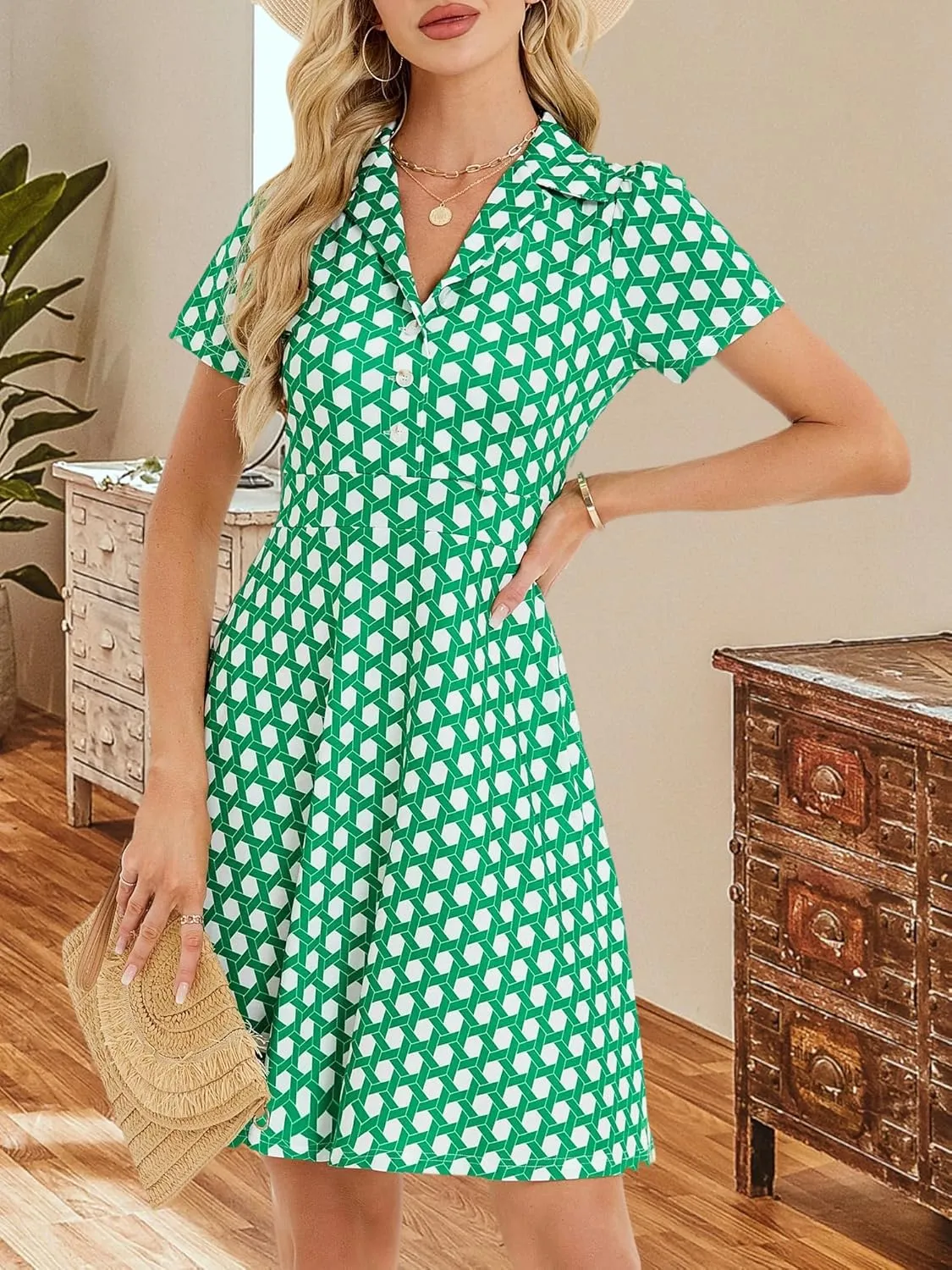 HUHOT Shirt Neckline Summer Dresses with Pocketes Vintage Sundress for Women 2025 Work Dress Church Midi Spring Dress