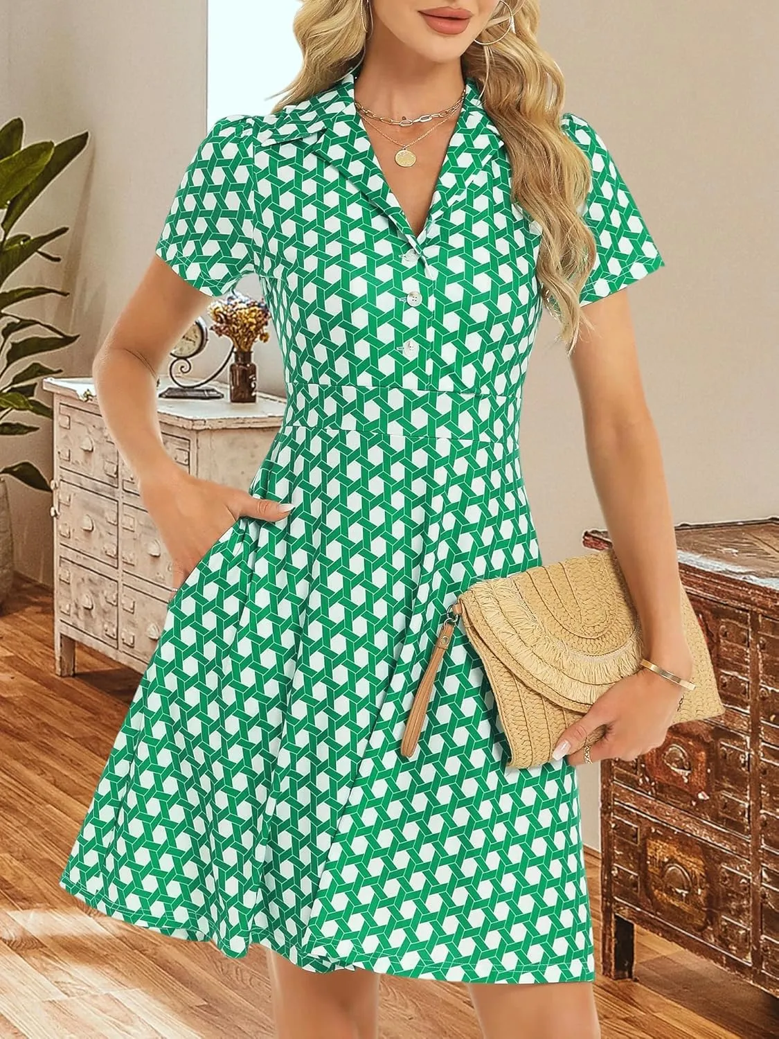 HUHOT Shirt Neckline Summer Dresses with Pocketes Vintage Sundress for Women 2025 Work Dress Church Midi Spring Dress