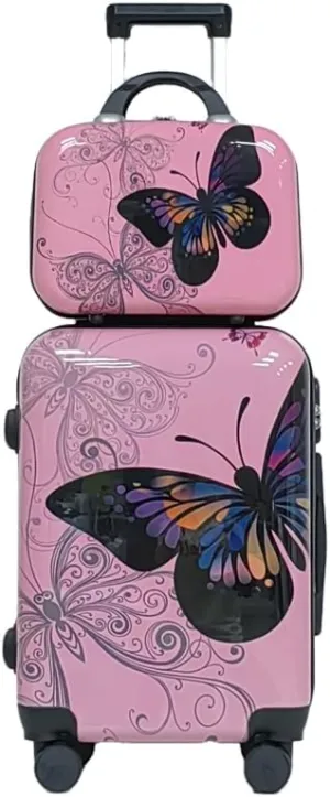 ink Butterfly Print Luggage 2-Piece Set (14" 20") - Hardside Carry-On & Checked Spinner Suitcases, TSA-Approved, Durable Lightweight Travel Bags with Smooth Rolling Wheels