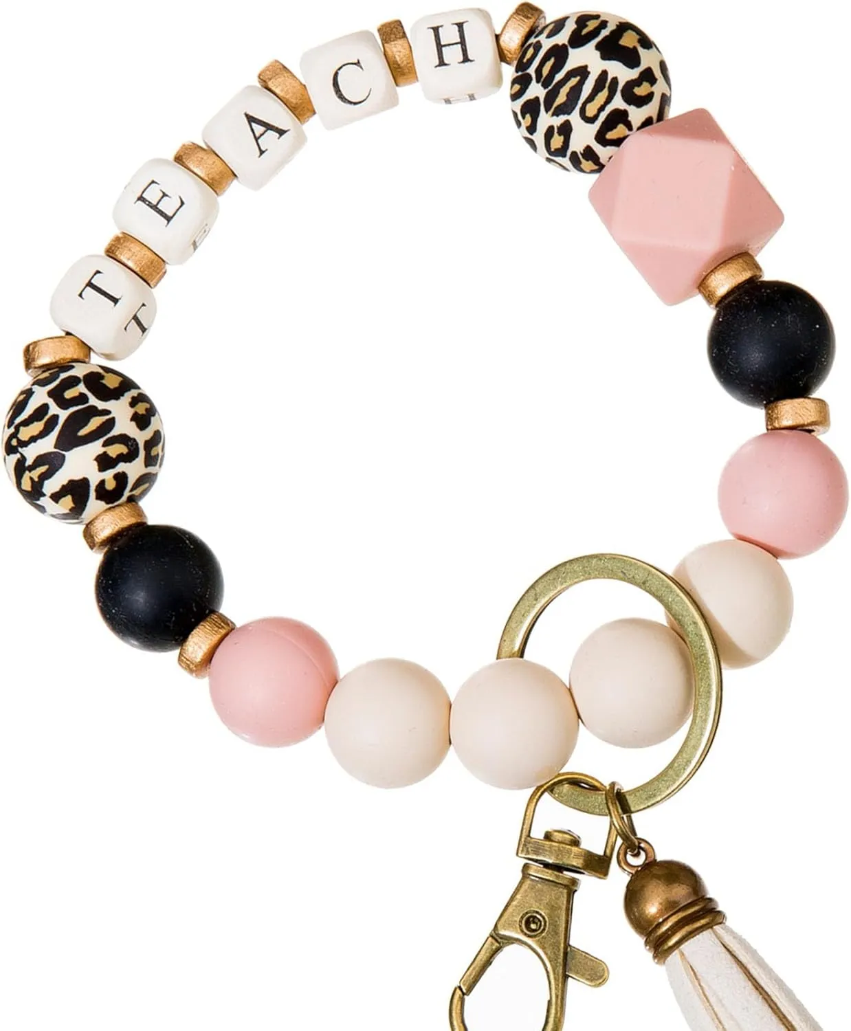 Keychain Bracelet for Women, Key Chain Holder for Car Keys, Leopard Silicone Wood Beaded Key Wristlet for Mom