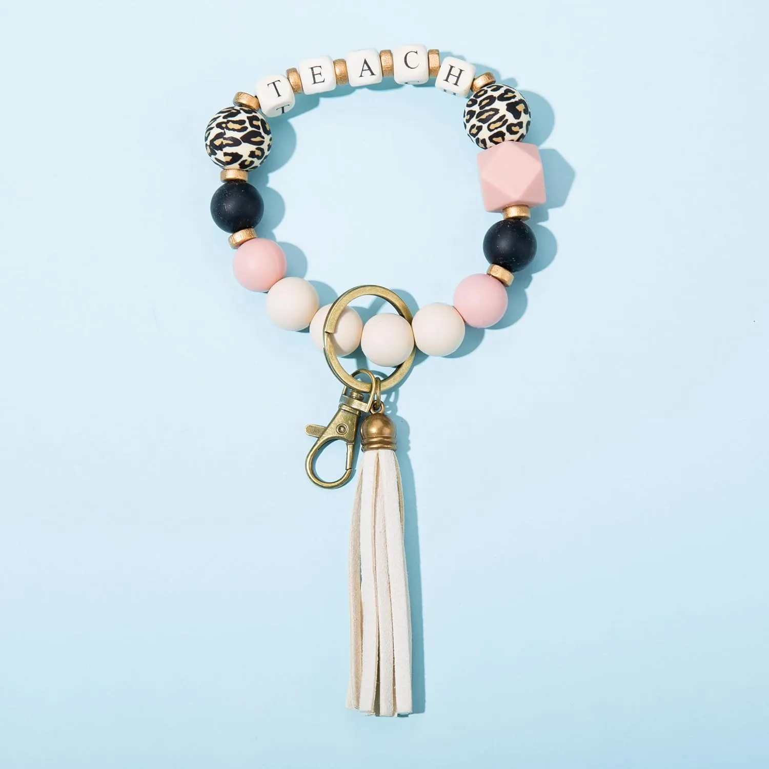 Keychain Bracelet for Women, Key Chain Holder for Car Keys, Leopard Silicone Wood Beaded Key Wristlet for Mom