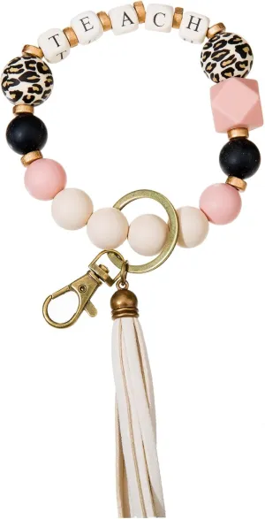 Keychain Bracelet for Women, Key Chain Holder for Car Keys, Leopard Silicone Wood Beaded Key Wristlet for Mom