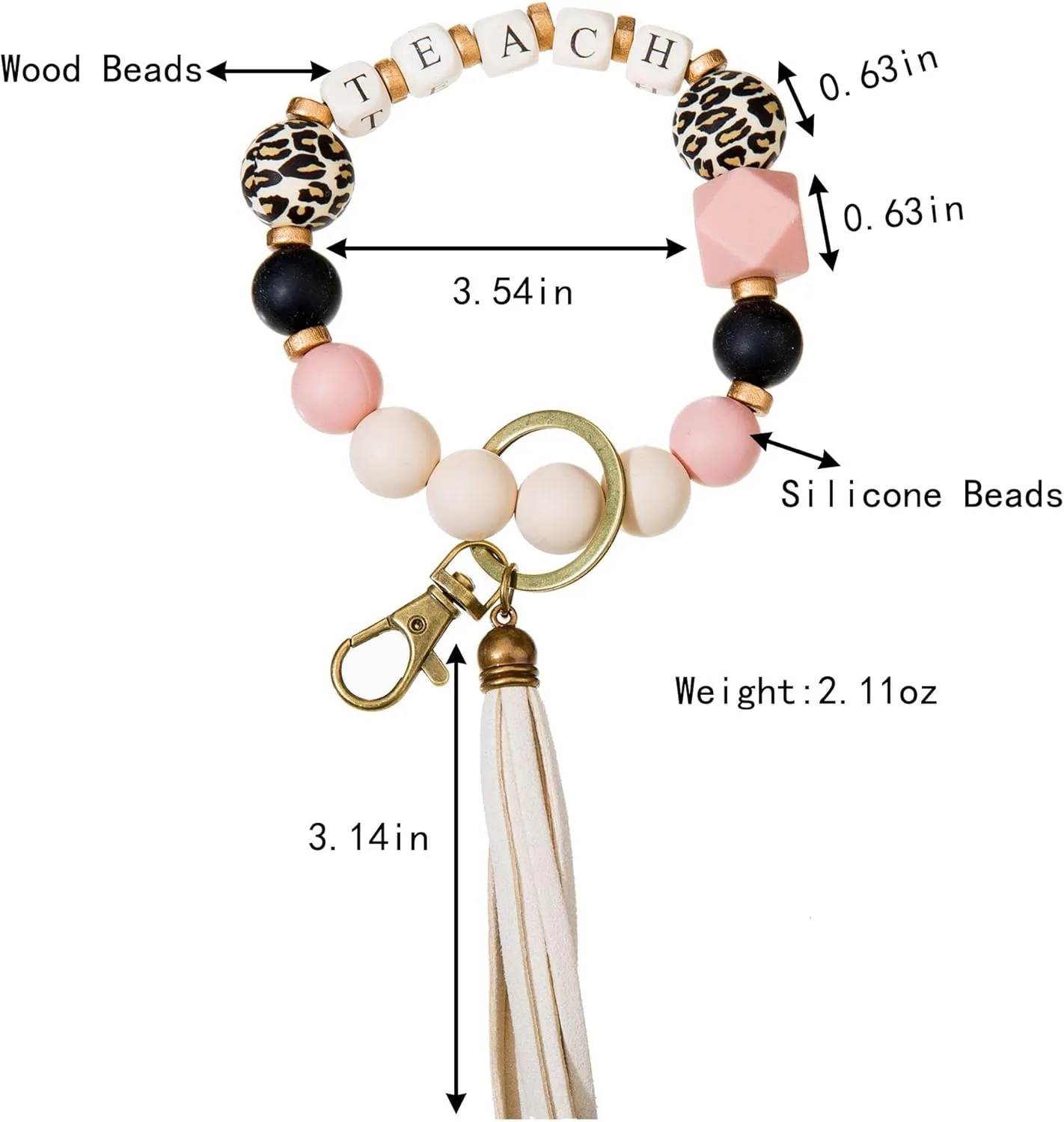 Keychain Bracelet for Women, Key Chain Holder for Car Keys, Leopard Silicone Wood Beaded Key Wristlet for Mom