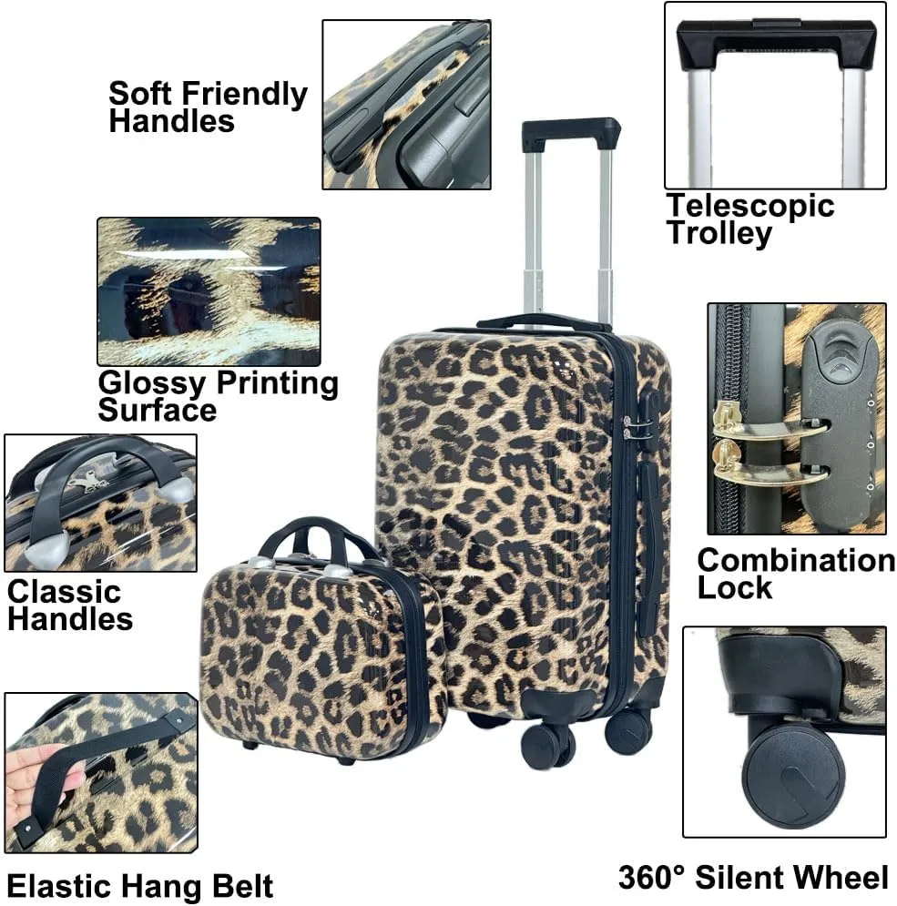 Leopard Print Luggage 2-Piece Set (14" 20") - Hardside Carry-On & Checked Spinner Suitcases, TSA-Approved, Lightweight Expandable Hard Shell, Smooth 360 Wheels for Air Travel