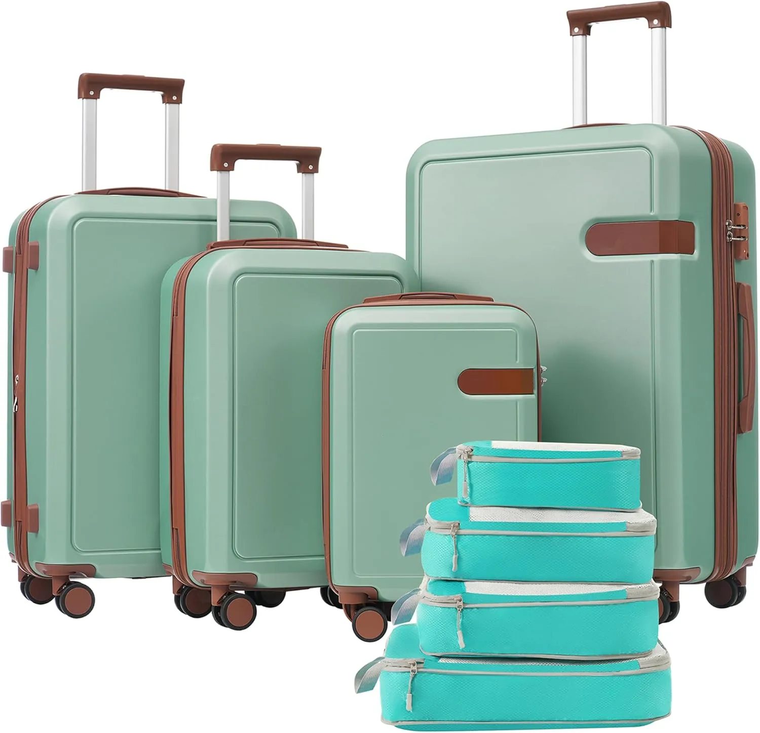 Lightweight 4 Piece Luggage Set with Compression Packing Cubes, Expandable Spinner Wheels, 16" to 28" Sizes, Light Green
