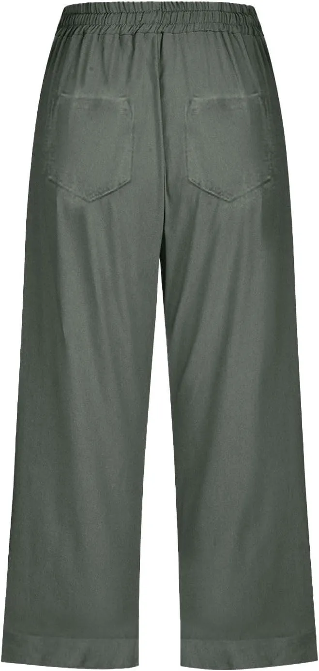 Linen Capri Pants for Women Cotton Casual Summer Capris High Waist Wide Leg Loose Drawstring Elastic Cropped Trousers