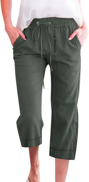 Linen Capri Pants for Women Cotton Casual Summer Capris High Waist Wide Leg Loose Drawstring Elastic Cropped Trousers