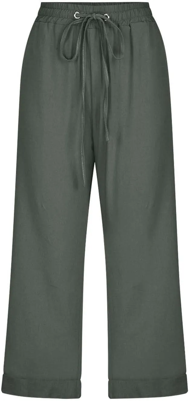 Linen Capri Pants for Women Cotton Casual Summer Capris High Waist Wide Leg Loose Drawstring Elastic Cropped Trousers