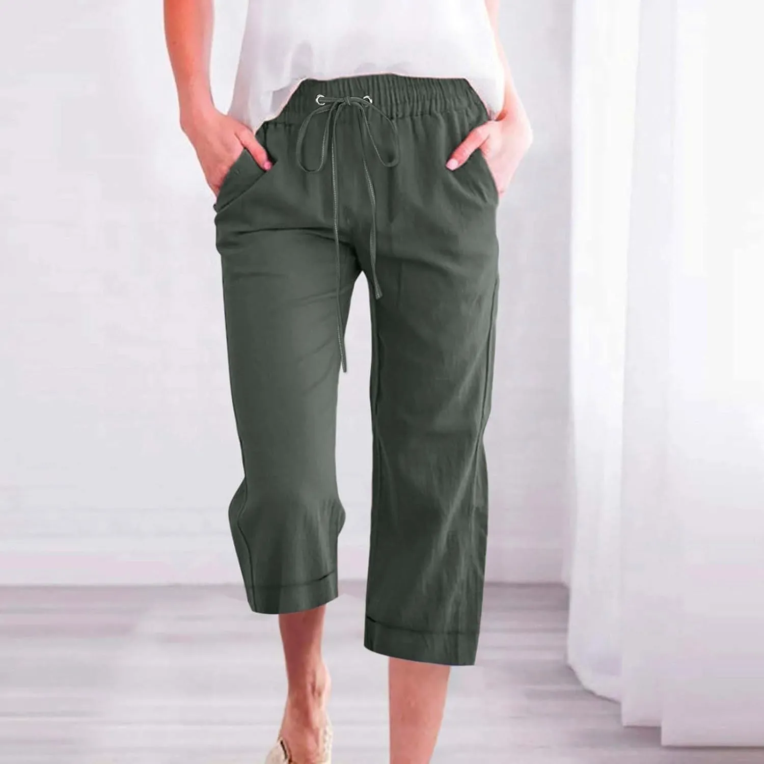 Linen Capri Pants for Women Cotton Casual Summer Capris High Waist Wide Leg Loose Drawstring Elastic Cropped Trousers
