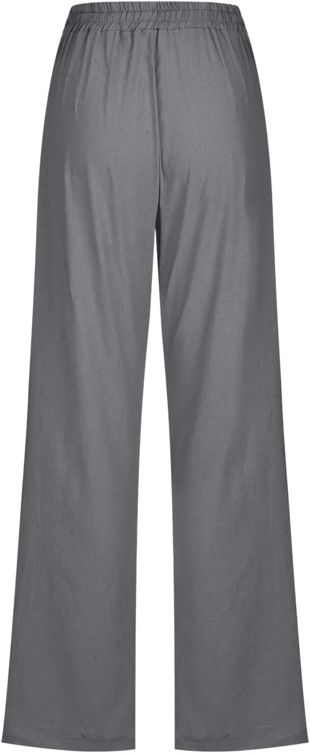 Linen Pants Women Straigth Leg Work Pants Summer Drawstring High Waisted Yoga Pants Loose Fit Comfy Cotton Casual Trousers