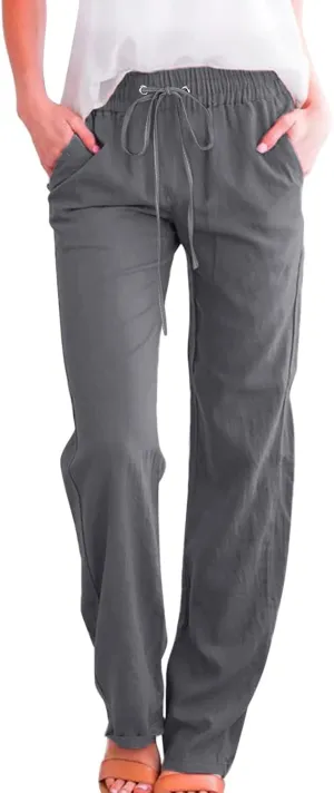 Linen Pants Women Straigth Leg Work Pants Summer Drawstring High Waisted Yoga Pants Loose Fit Comfy Cotton Casual Trousers