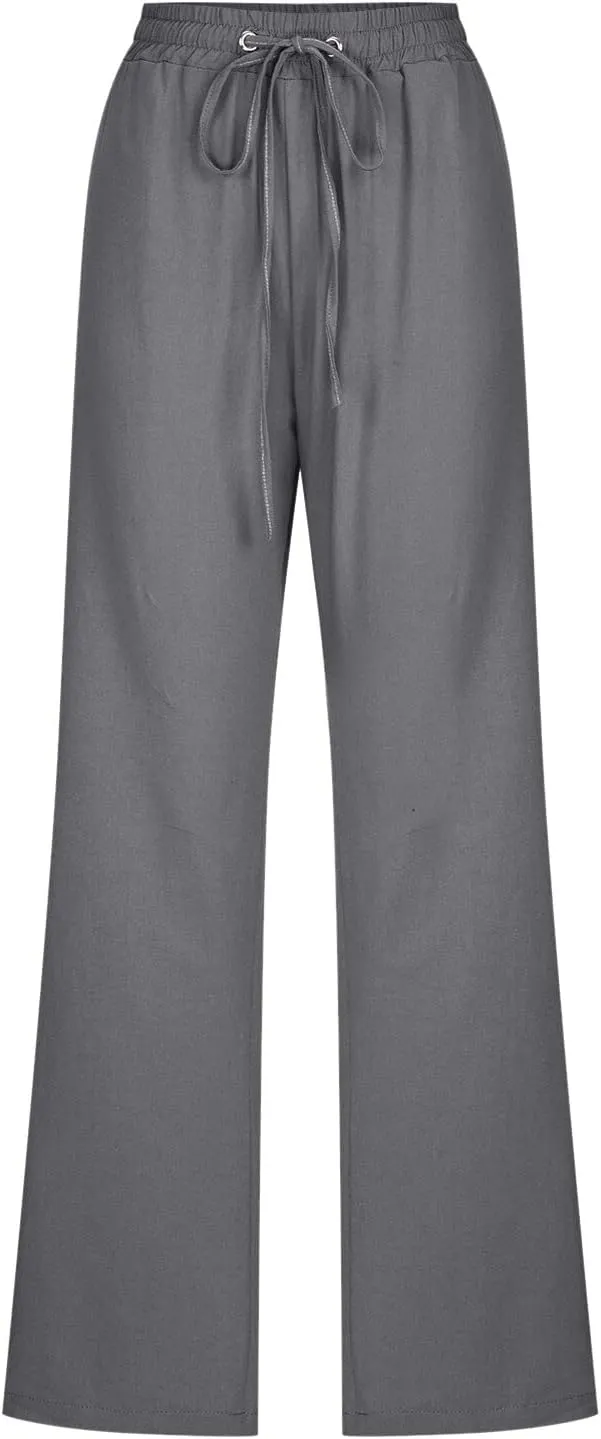Linen Pants Women Straigth Leg Work Pants Summer Drawstring High Waisted Yoga Pants Loose Fit Comfy Cotton Casual Trousers