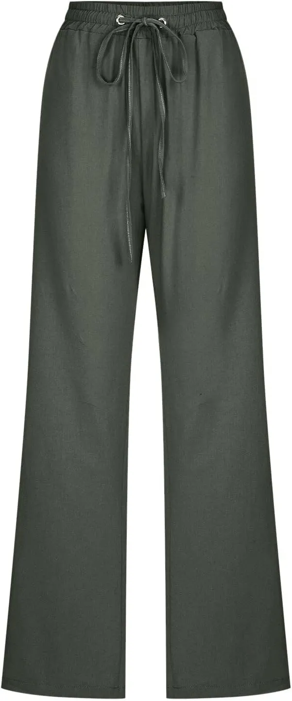 Linen Pants Women Straigth Leg Work Pants Summer Drawstring High Waisted Yoga Pants Loose Fit Comfy Cotton Casual Trousers
