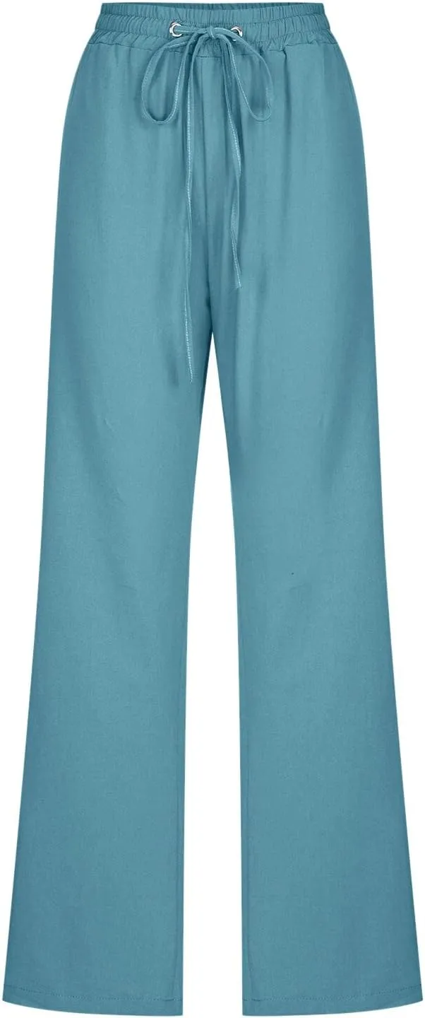 Linen Pants Women Straigth Leg Work Pants Summer Drawstring High Waisted Yoga Pants Loose Fit Comfy Cotton Casual Trousers