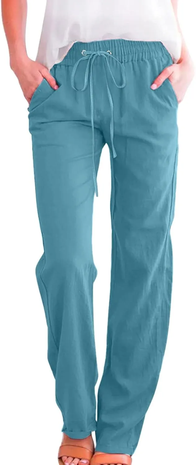 Linen Pants Women Straigth Leg Work Pants Summer Drawstring High Waisted Yoga Pants Loose Fit Comfy Cotton Casual Trousers