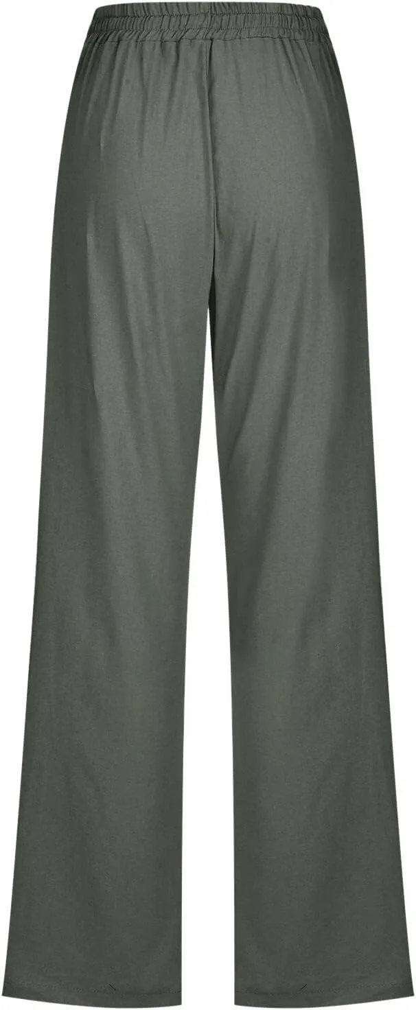Linen Pants Women Straigth Leg Work Pants Summer Drawstring High Waisted Yoga Pants Loose Fit Comfy Cotton Casual Trousers
