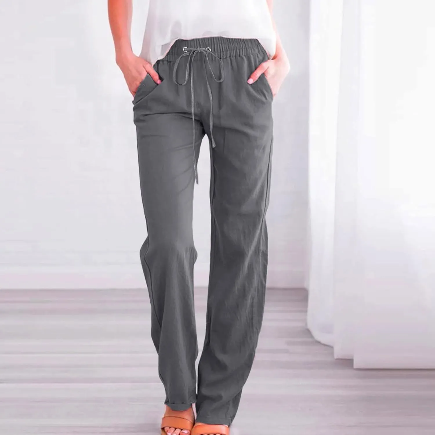 Linen Pants Women Straigth Leg Work Pants Summer Drawstring High Waisted Yoga Pants Loose Fit Comfy Cotton Casual Trousers
