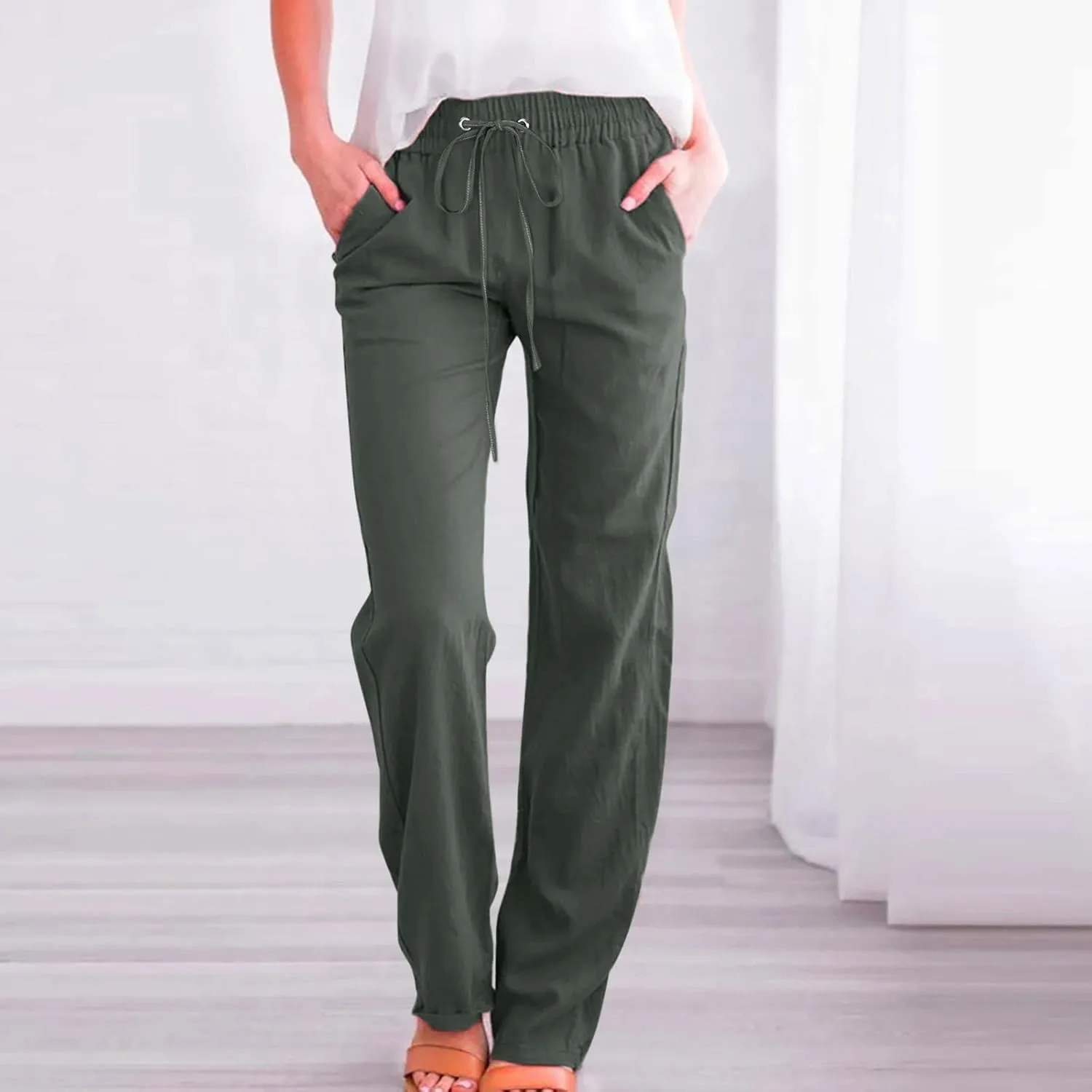 Linen Pants Women Straigth Leg Work Pants Summer Drawstring High Waisted Yoga Pants Loose Fit Comfy Cotton Casual Trousers