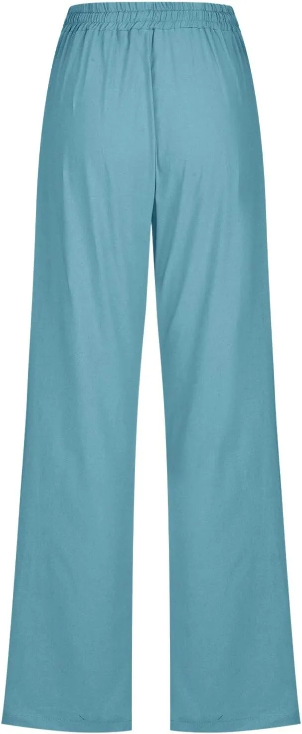 Linen Pants Women Straigth Leg Work Pants Summer Drawstring High Waisted Yoga Pants Loose Fit Comfy Cotton Casual Trousers