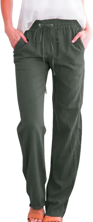 Linen Pants Women Straigth Leg Work Pants Summer Drawstring High Waisted Yoga Pants Loose Fit Comfy Cotton Casual Trousers