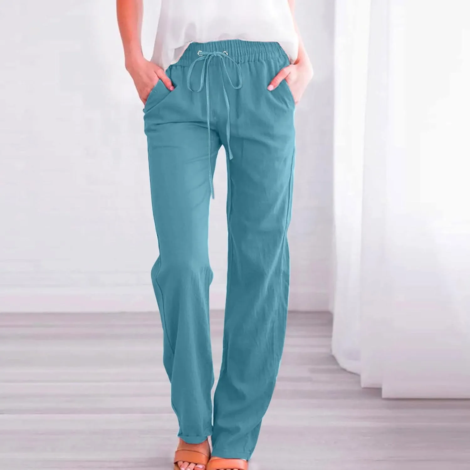 Linen Pants Women Straigth Leg Work Pants Summer Drawstring High Waisted Yoga Pants Loose Fit Comfy Cotton Casual Trousers