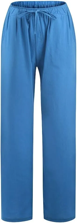 Linen Wide Leg Pants for Women Trendy Casual Drawstring High Waist Pant Loose Lightweight Long Palazzo Trousers