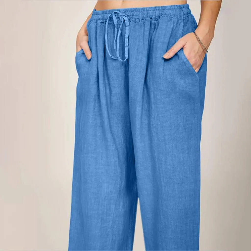 Linen Wide Leg Pants for Women Trendy Casual Drawstring High Waist Pant Loose Lightweight Long Palazzo Trousers