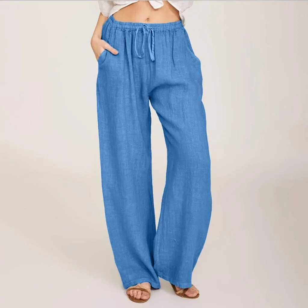 Linen Wide Leg Pants for Women Trendy Casual Drawstring High Waist Pant Loose Lightweight Long Palazzo Trousers