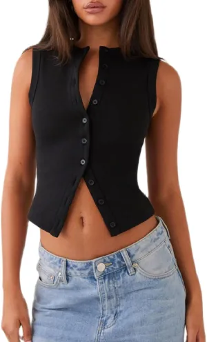 Meihuida Women Ribbed Button Down Y2k Going Out Crop Tank Top Sleeveless Knit Vest Tops