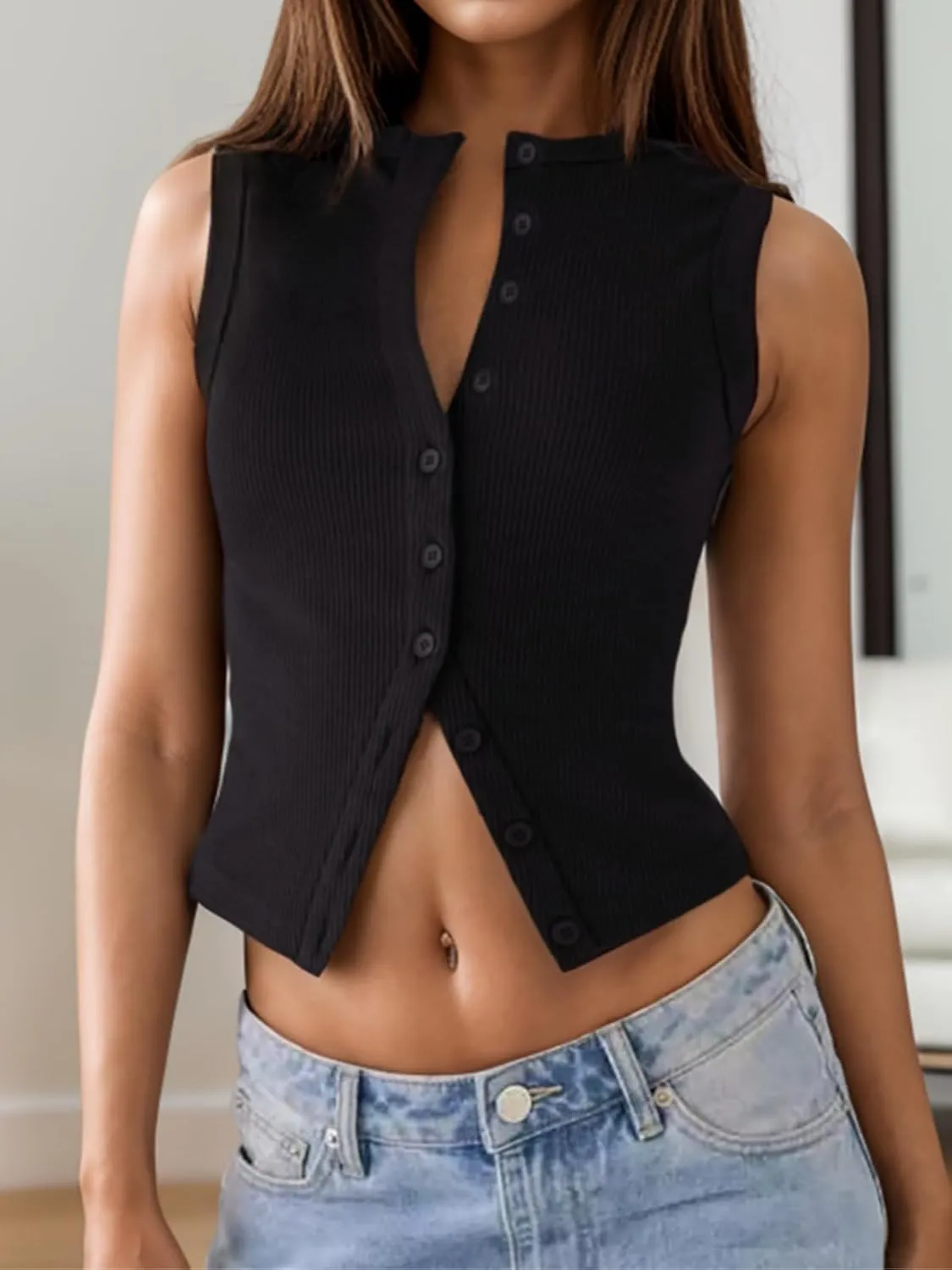 Meihuida Women Ribbed Button Down Y2k Going Out Crop Tank Top Sleeveless Knit Vest Tops