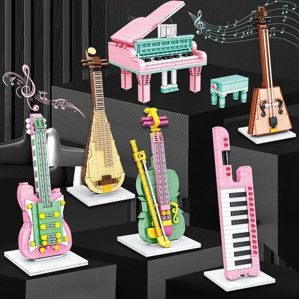 MOC NON  Building Blocks Musical Instrument Guitar Piano Violin Model Ornaments 's  Assembled Building Blocks Toys