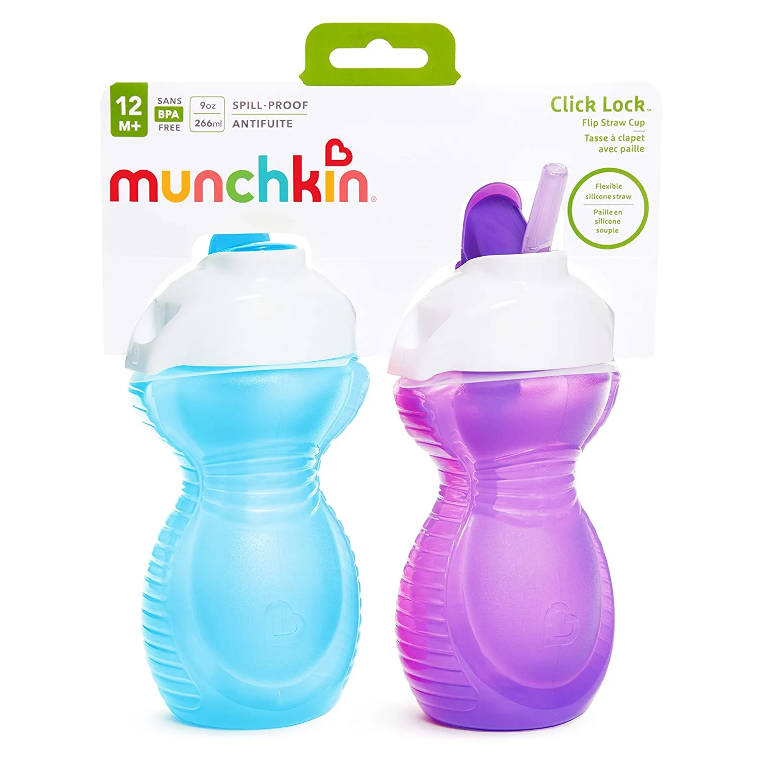 Munchkin Click Lock Flip Straw Cup, Blue/Purple, 9 Ounce, 2 Count