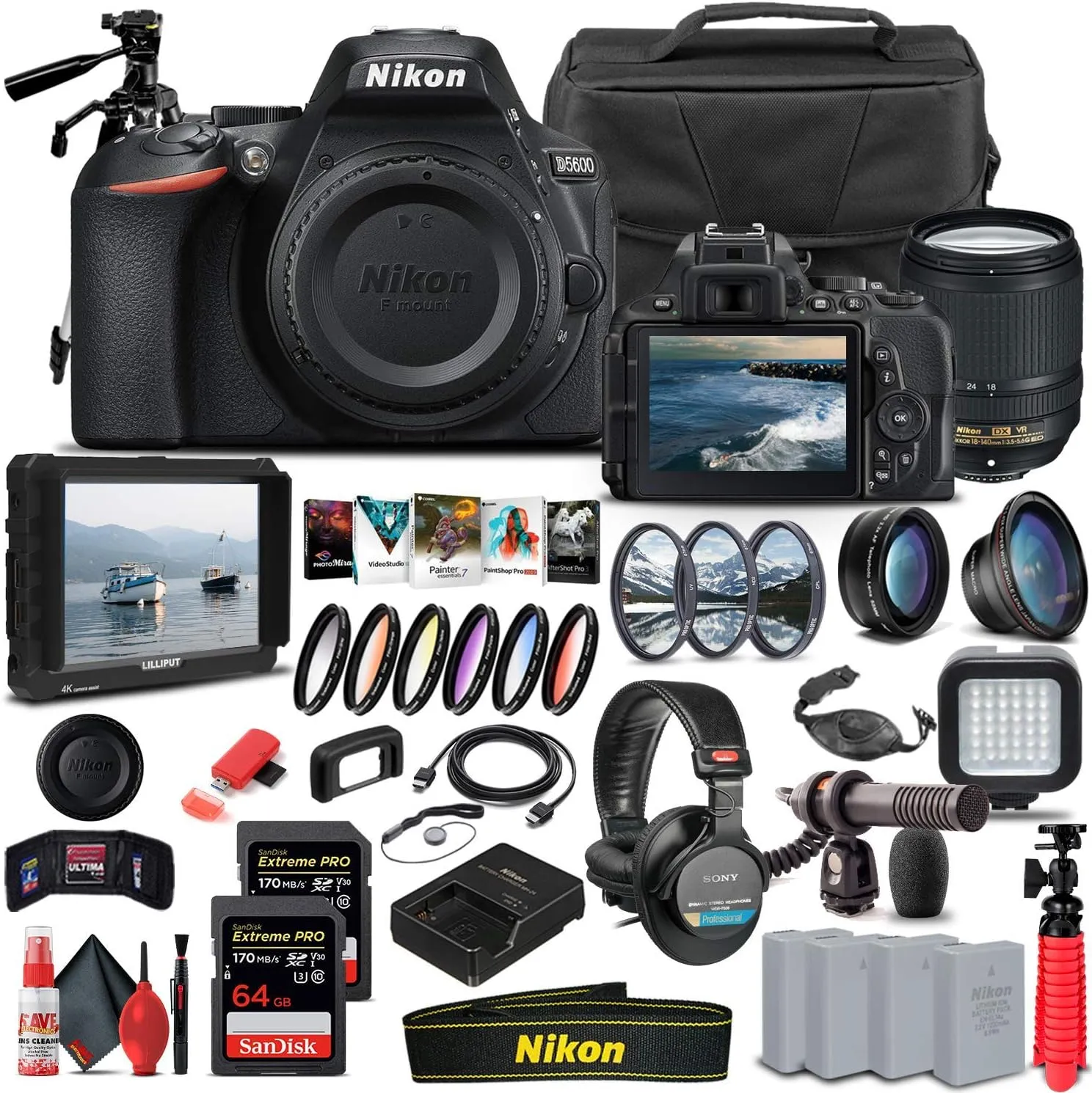 Nikon D5600 DSLR Camera with 18-140mm Lens (1577)   4K Monitor   Pro Headphones   Pro Mic   2 x 64GB Memory Card   Case   Corel Photo Software   Pro Tripod   3 x EN-EL14 A Battery   More (Renewed)