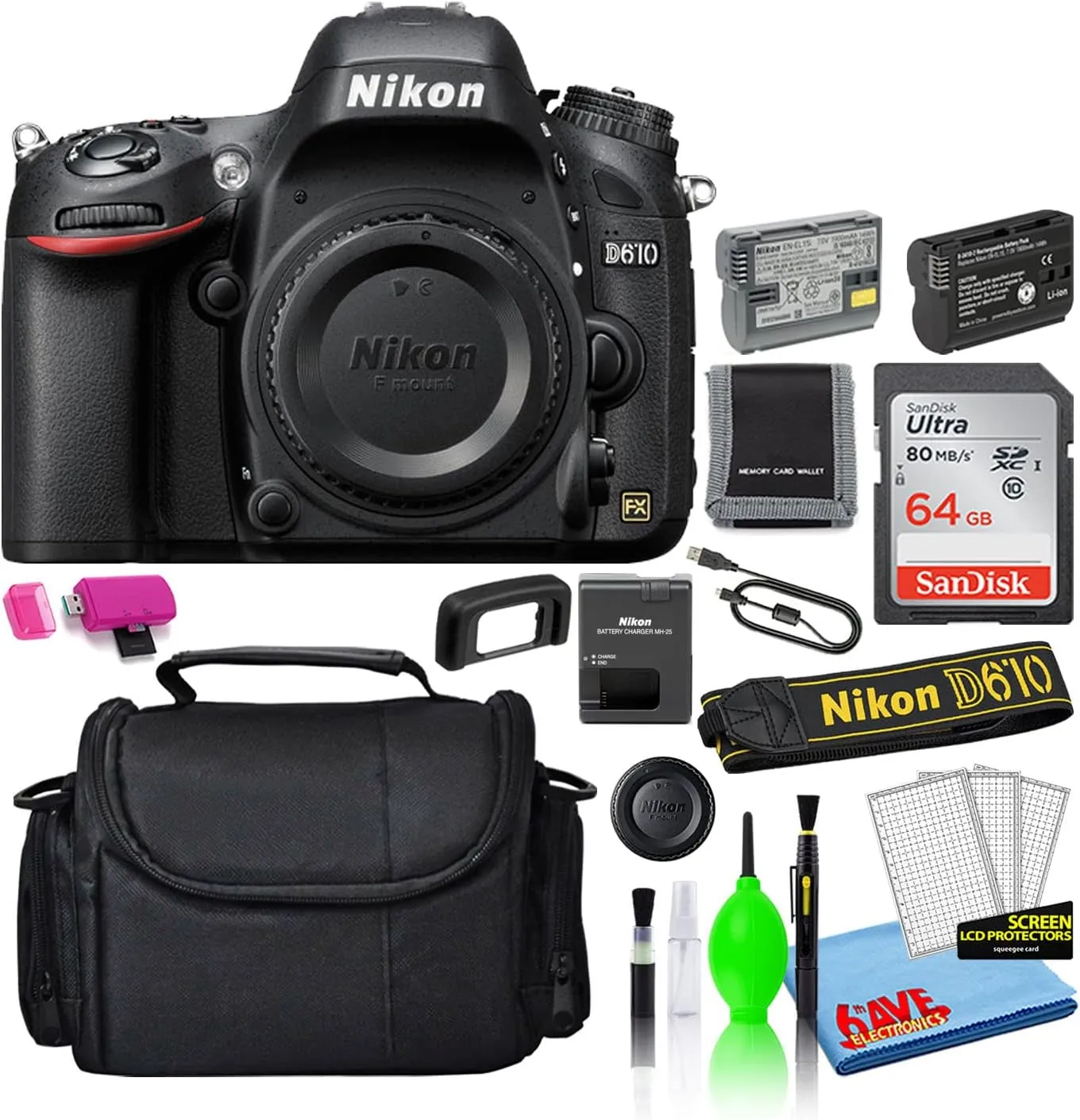 Nikon D610 24.3MP DSLR FX-Format Digital Camera (Body Only) (1540) Deluxe Bundle with 64GB SD Card   Large Camera Bag   Spare EN-EL15 Battery   Camera Cleaning Kit (Renewed)