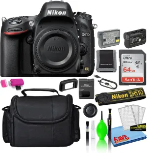 Nikon D610 24.3MP DSLR FX-Format Digital Camera (Body Only) (1540) Deluxe Bundle with 64GB SD Card   Large Camera Bag   Spare EN-EL15 Battery   Camera Cleaning Kit (Renewed)