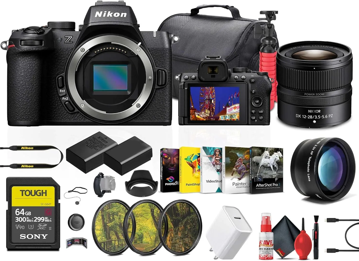 Nikon Z50 II Compact Lightweight Mirrorless Digital Camera (1784)   Nikon 12-28mm Lens   64GB Memory Card   EN-EL25   Telephoto Lens   Photography Software   Camera Bag   More (Renewed)