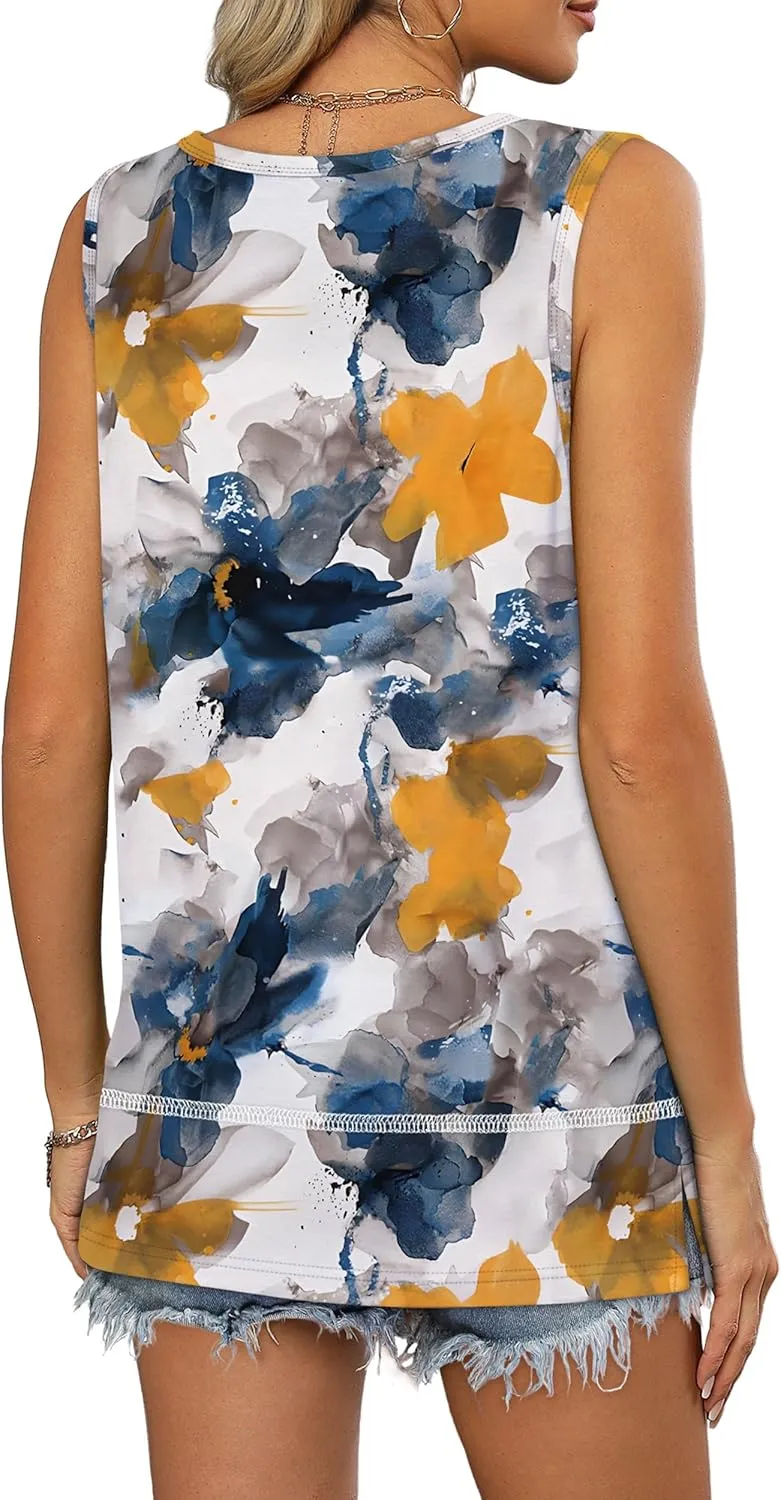 OFEEFAN Women's Side Slit Tank Tops Flowy Sleeveless Shirts Loose Fit Scoop Neck Tops Basic Casual S-4XL