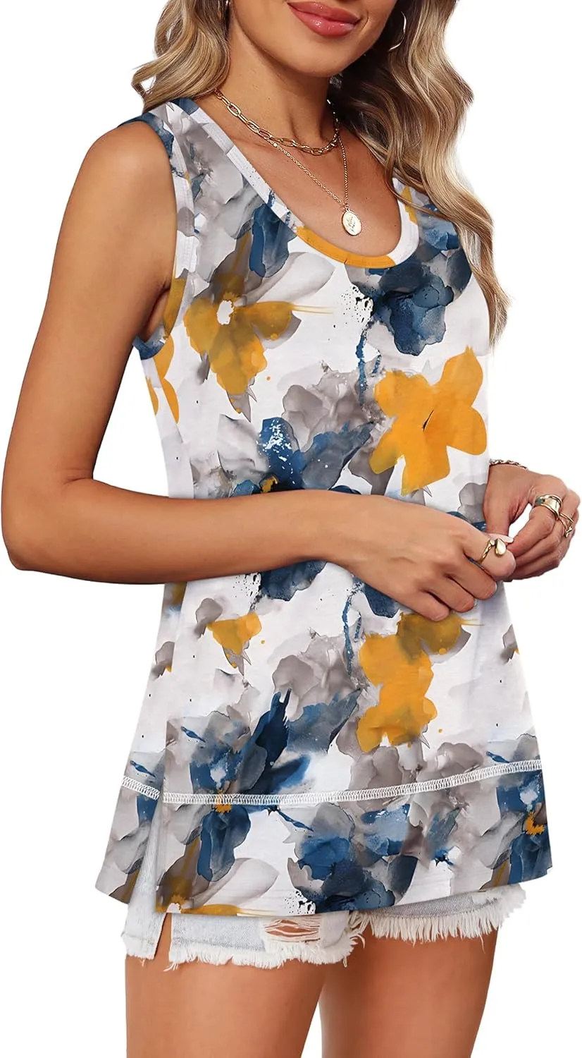 OFEEFAN Women's Side Slit Tank Tops Flowy Sleeveless Shirts Loose Fit Scoop Neck Tops Basic Casual S-4XL