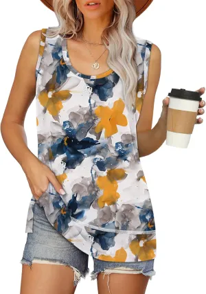 OFEEFAN Women's Side Slit Tank Tops Flowy Sleeveless Shirts Loose Fit Scoop Neck Tops Basic Casual S-4XL