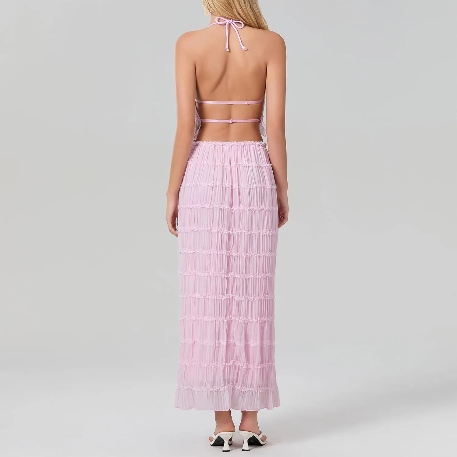 Open Back Halter Tops for Women Bow Tie Back Ruched Ruffle Crop Tops Smocked Y2K Going Out Camisoles