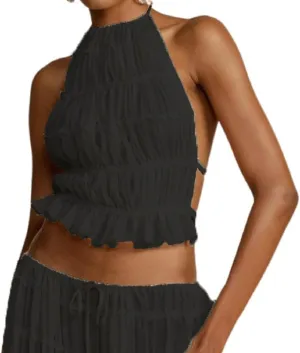 Open Back Halter Tops for Women Bow Tie Back Ruched Ruffle Crop Tops Smocked Y2K Going Out Camisoles