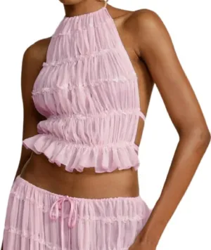 Open Back Halter Tops for Women Bow Tie Back Ruched Ruffle Crop Tops Smocked Y2K Going Out Camisoles