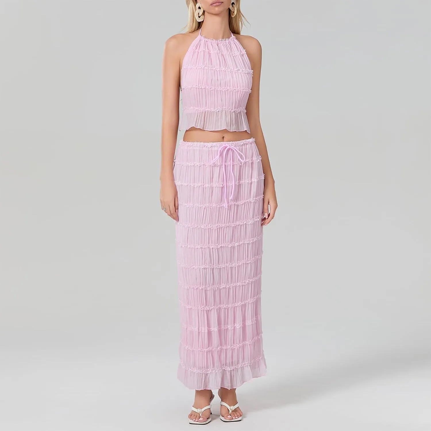 Open Back Halter Tops for Women Bow Tie Back Ruched Ruffle Crop Tops Smocked Y2K Going Out Camisoles