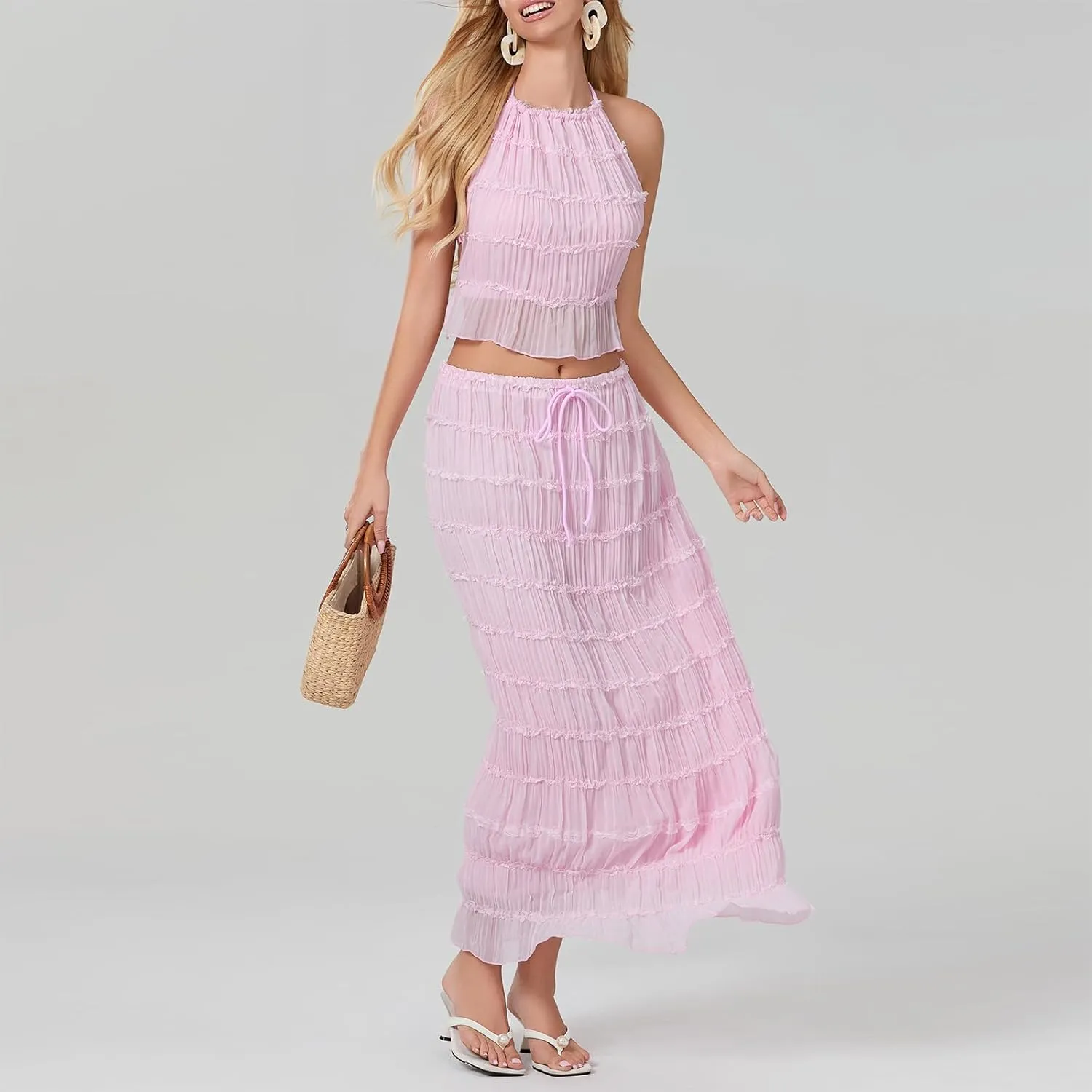 Open Back Halter Tops for Women Bow Tie Back Ruched Ruffle Crop Tops Smocked Y2K Going Out Camisoles